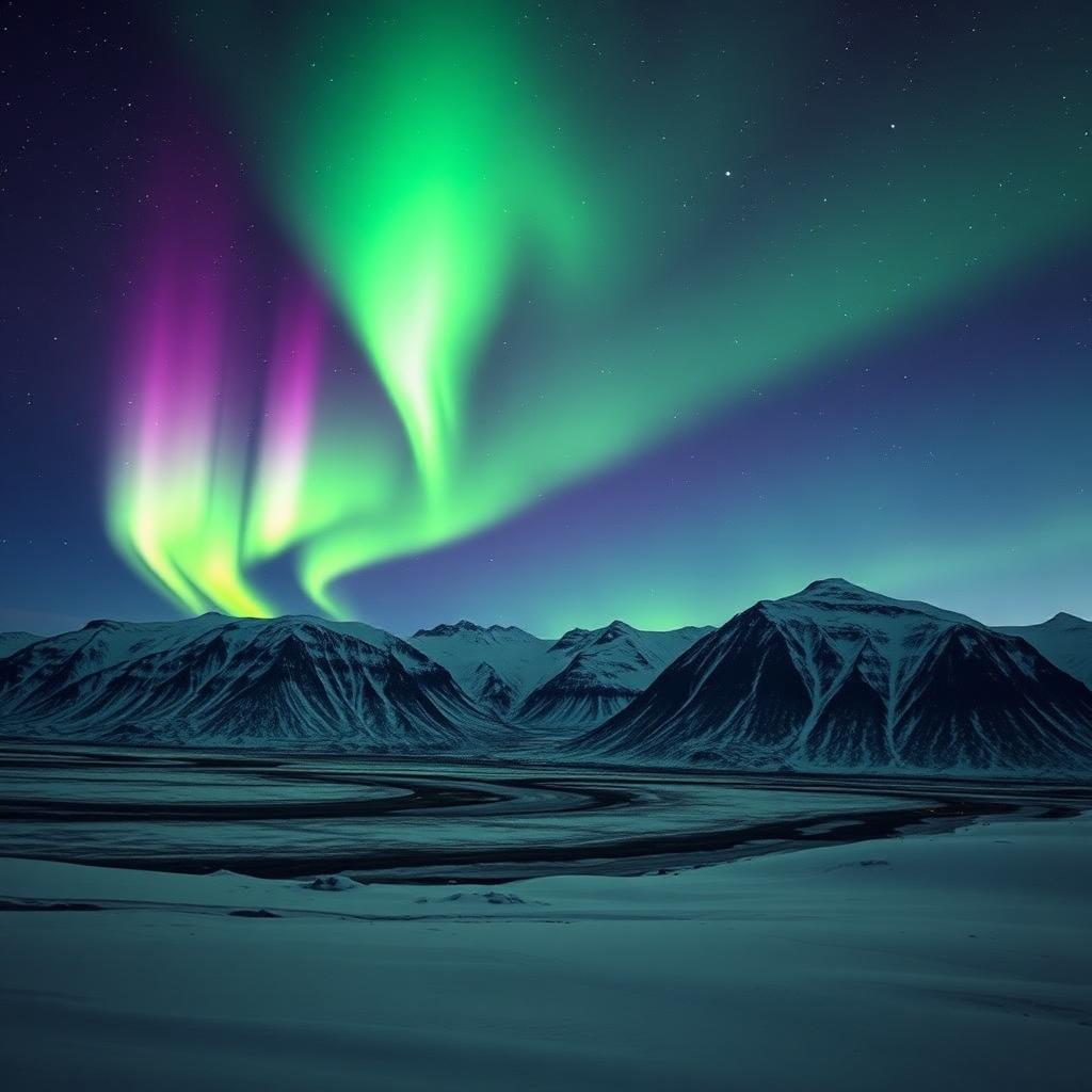 Northern lights glowing green above an Icelandic landscape