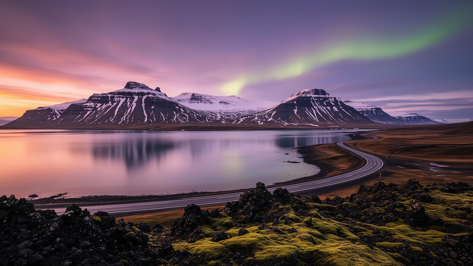 Iceland coastal road at golden hour with snow-capped mountains and aurora sky