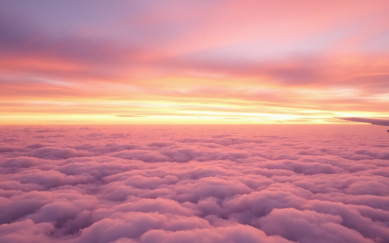 Soft pink and gold sunset above a vast blanket of clouds