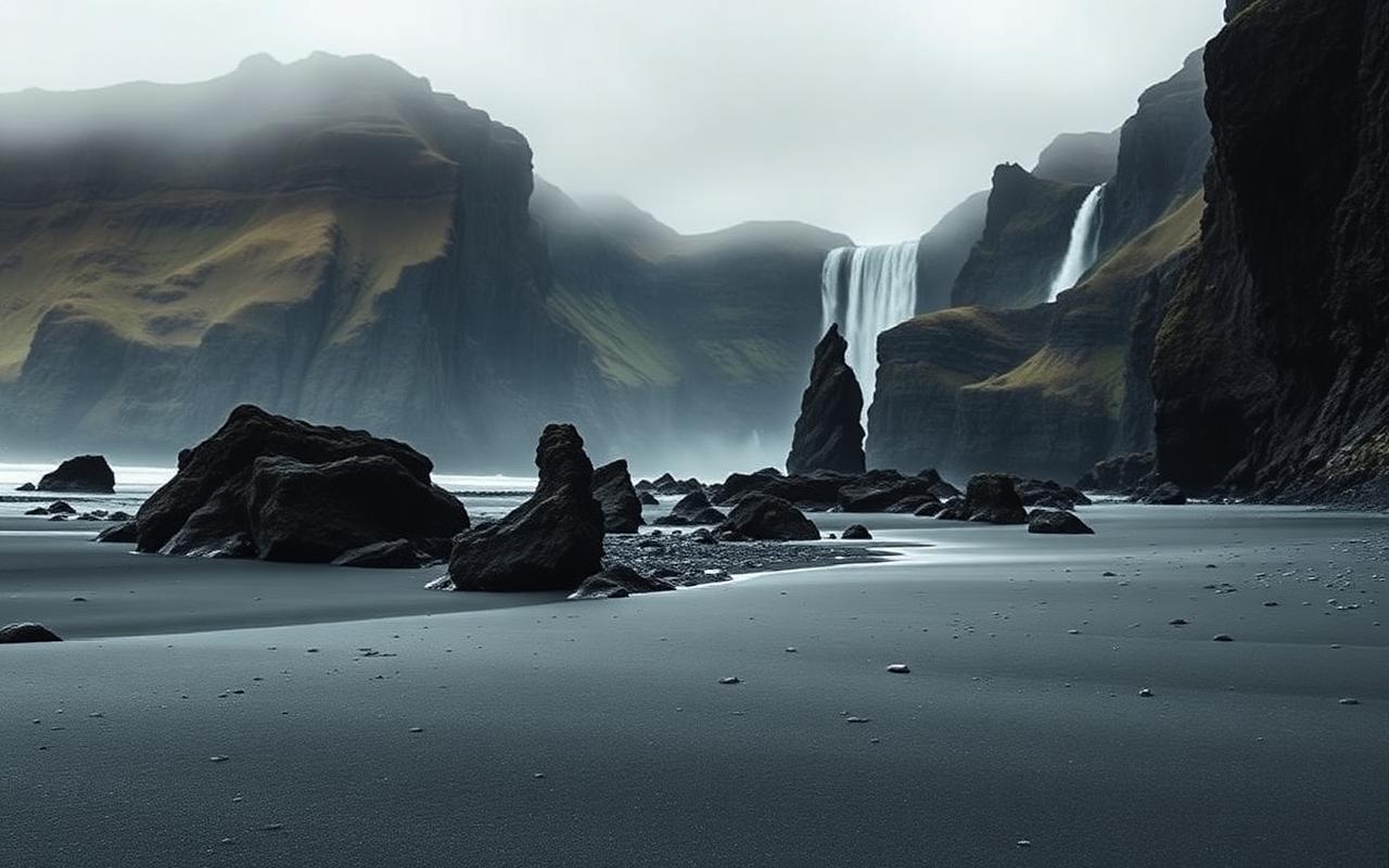 Reynisfjara black sand beach with sea stacks and dramatic surf, South Coast Iceland