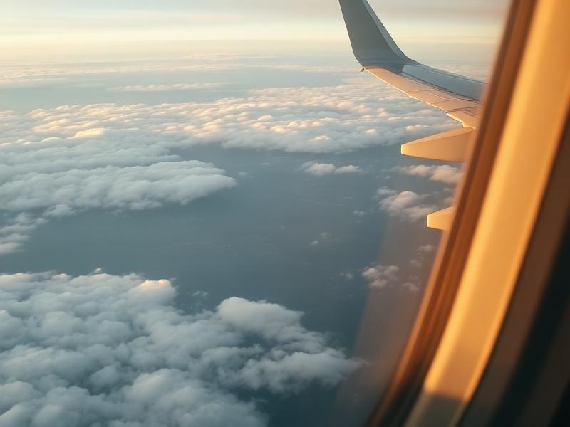 View from an airplane window above the clouds approaching Iceland