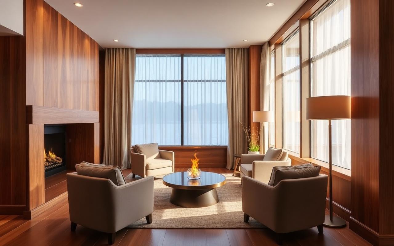 Boutique hotel lobby with warm wood and a fireplace