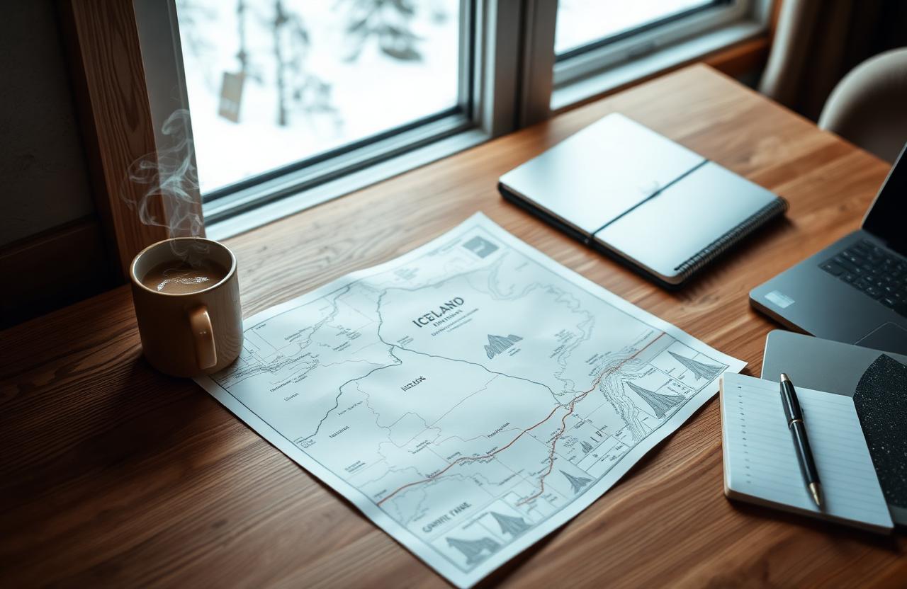 Open paper map of Iceland on a wooden table next to a steaming coffee, notebook, and laptop by a window