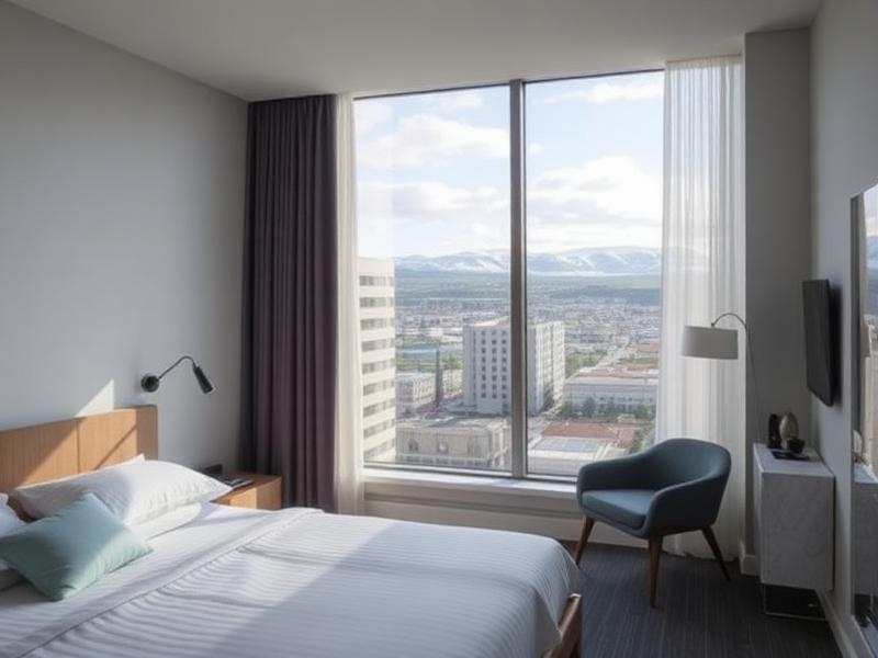 Modern hotel room with a window view over Reykjavík