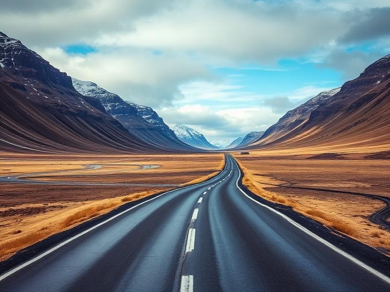 Empty road winding through Icelandic landscape