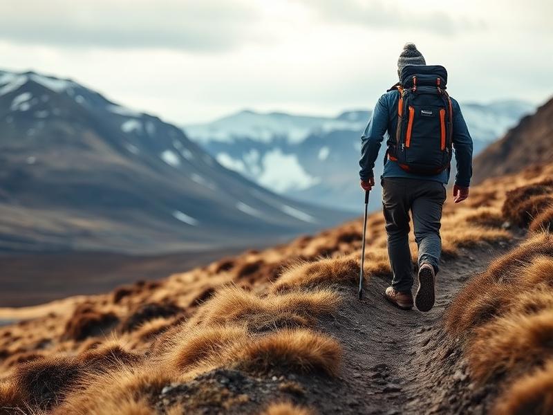 Hiker walking on a remote Icelandic trail with mountains behind