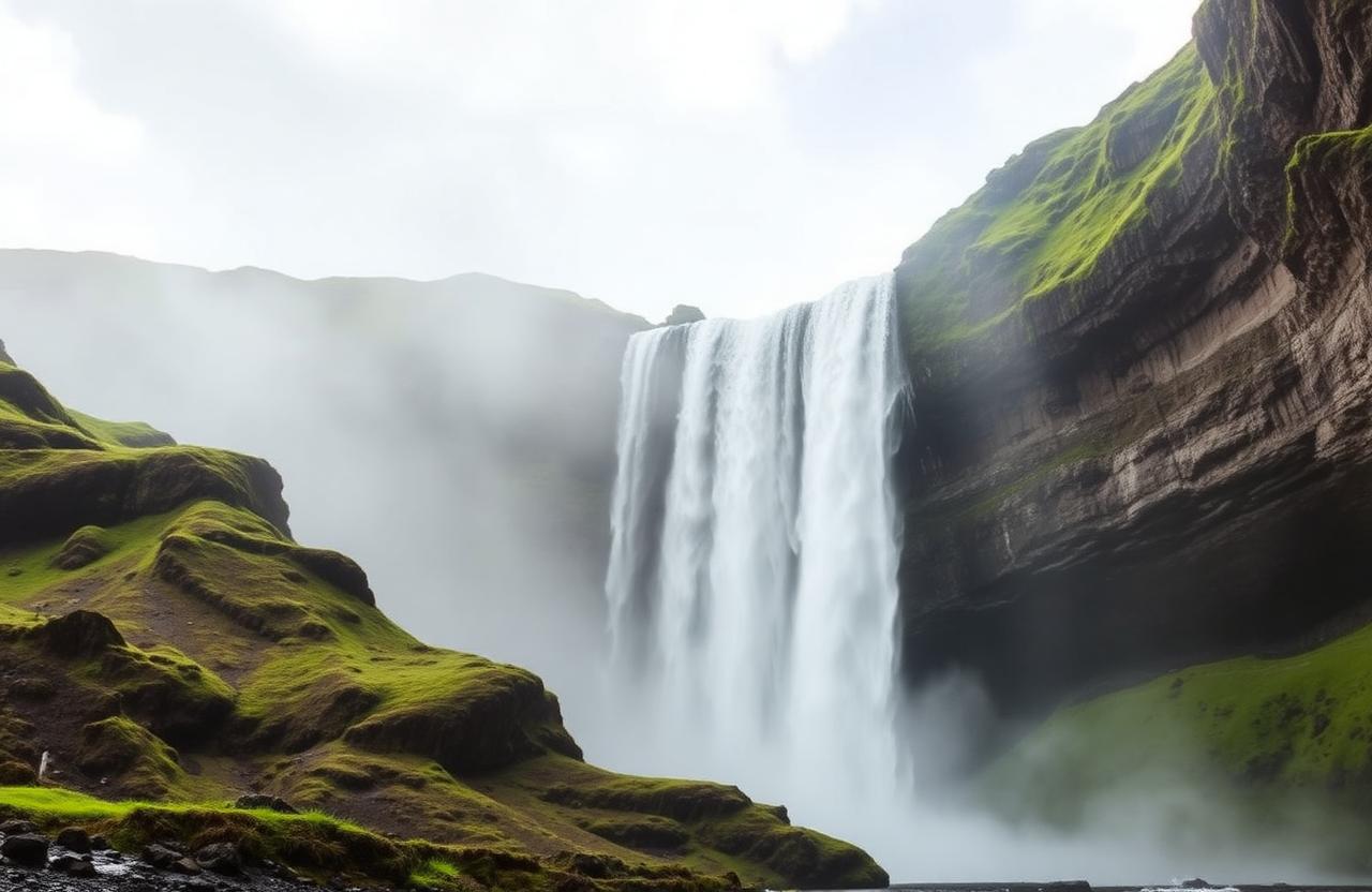 Skógafoss waterfall cascading over a tall green cliff in South Iceland